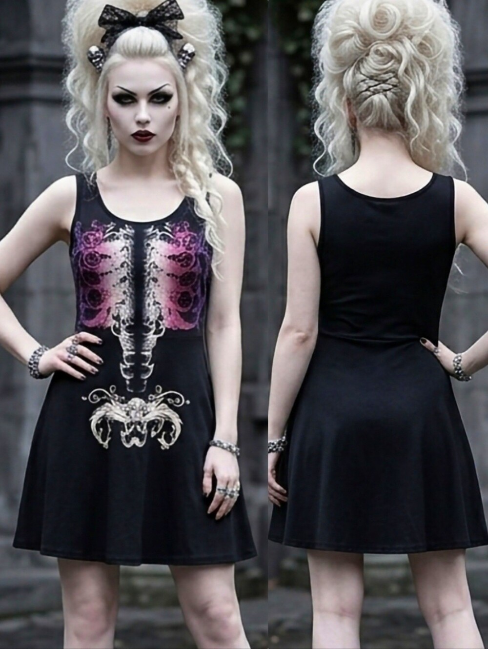 Teenage Runaway art deco blk skeleton ribcage pelvis anatomy graphic dress M-1X